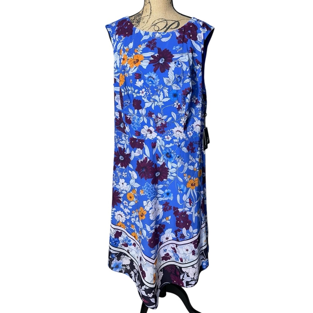 Adrianna Papell Blue Floral Handkerchief-Hem Dress Size 18 - Picture 3 of 11